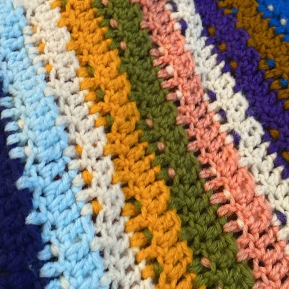 Vintage! Handmade Crochet Stripe Reversible Blanket 63” by 50” - Picture 4 of 11
